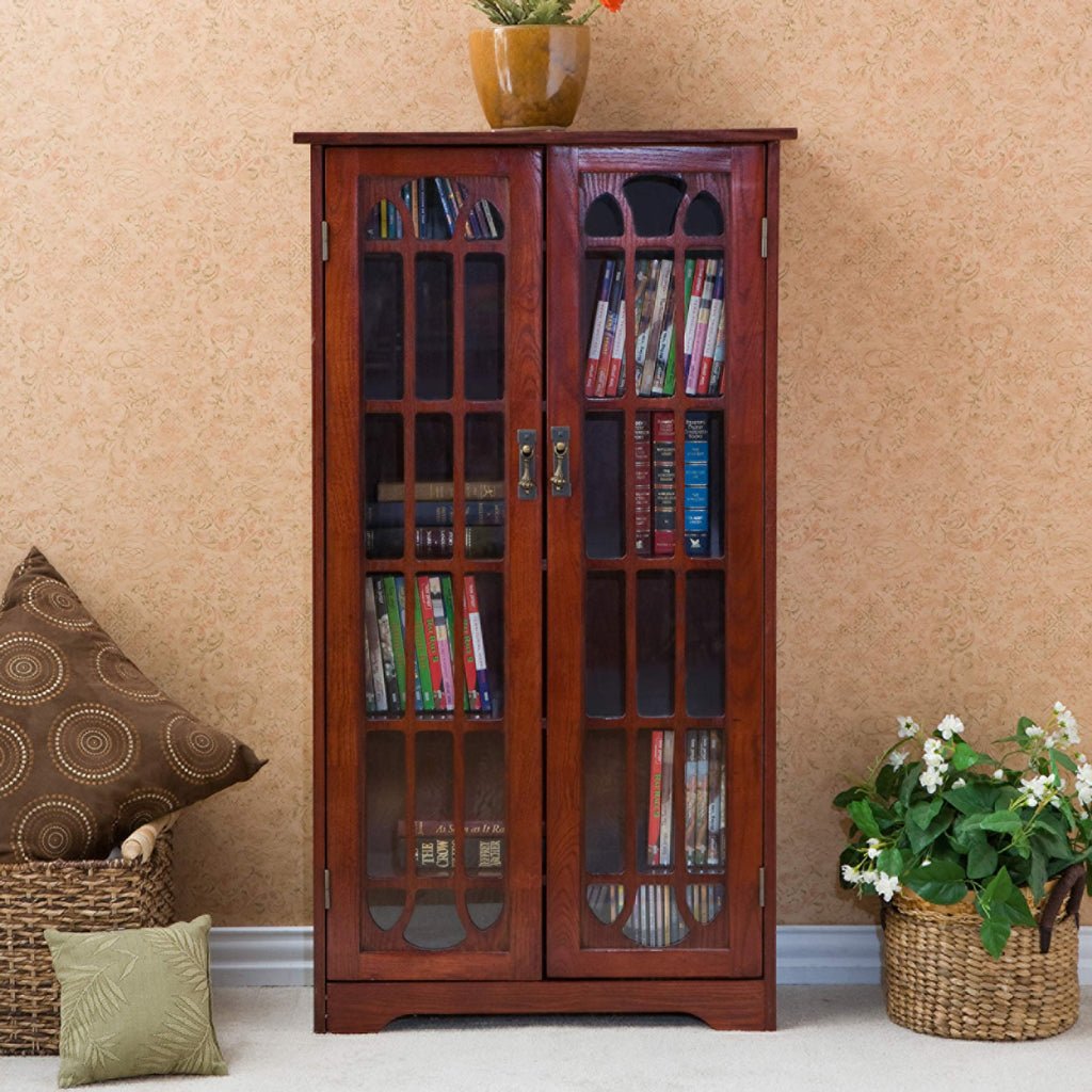 Cherry Brown Glass and Wood Media Cabinet I471398