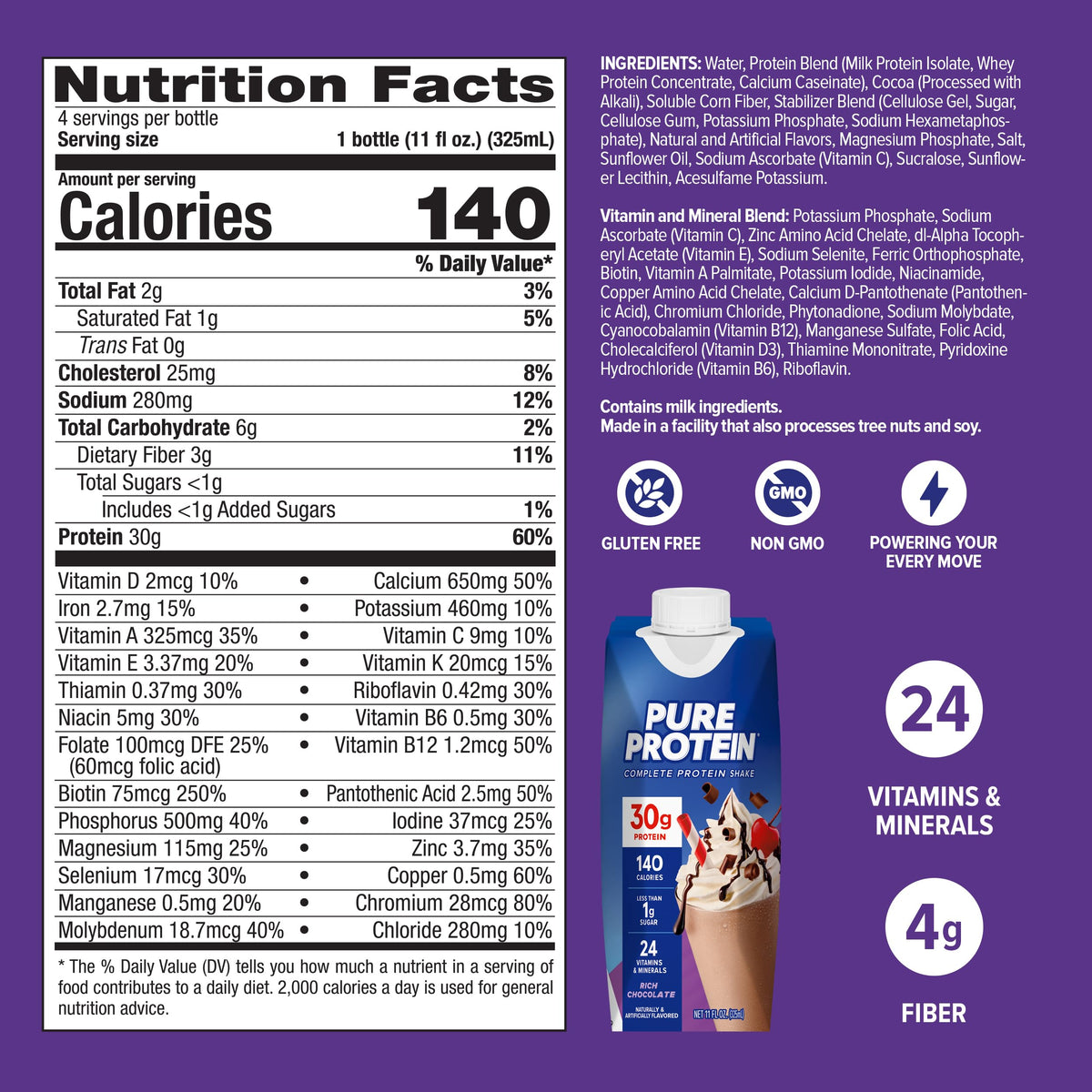 Chocolate Protein Shake, 30g Protein, 11oz Bottles, 12 Pack O941679