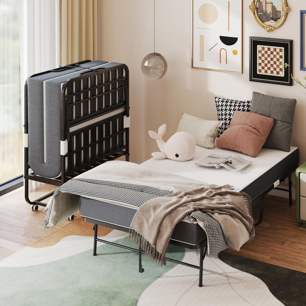 Folding Bed with Mattress, Twin Size, Portable Rollaway Bed on Wheels with Memory Mattress and Metal Frame J388