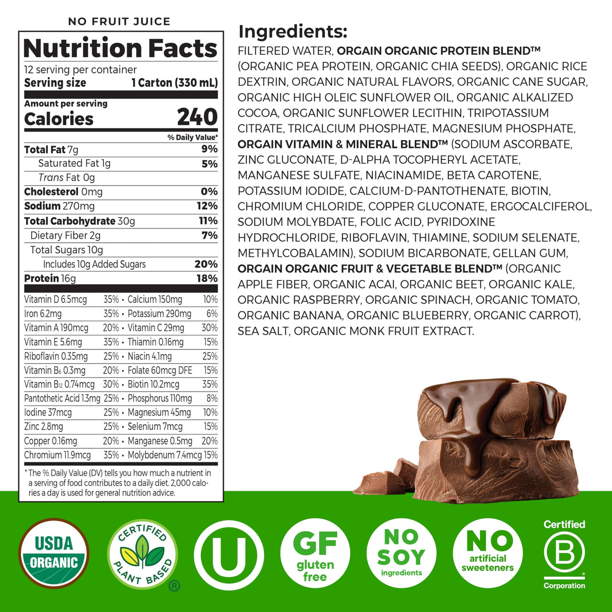 Organic Vegan 16g Protein Shake, Chocolate, 11 oz, 12pk H32033