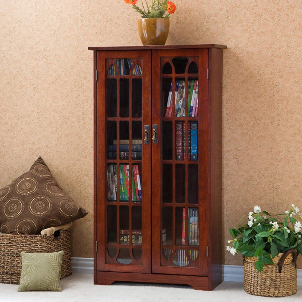 Cherry Brown Glass and Wood Media Cabinet I471398