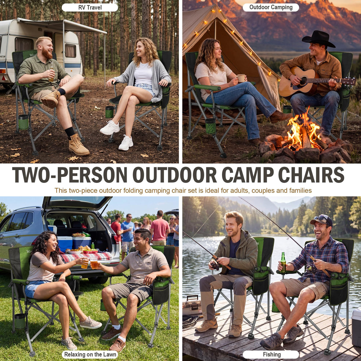 2 Pack Green Folding Camping Chair with Cup Holder and Storage Bag U8434