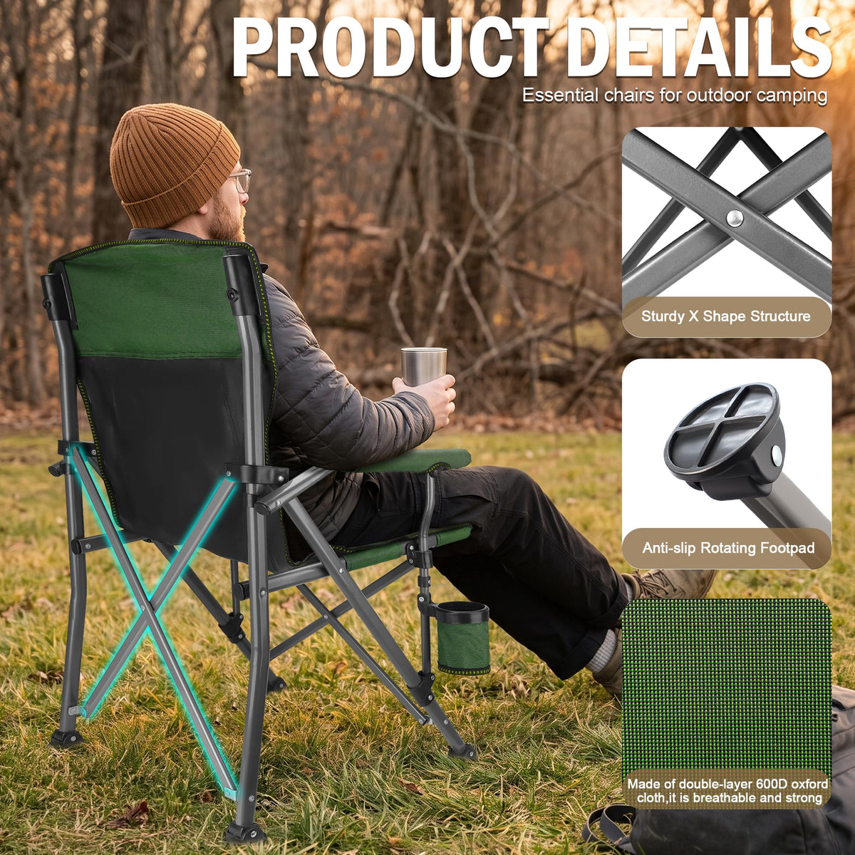 2 Pack Green Folding Camping Chair with Cup Holder and Storage Bag U8434