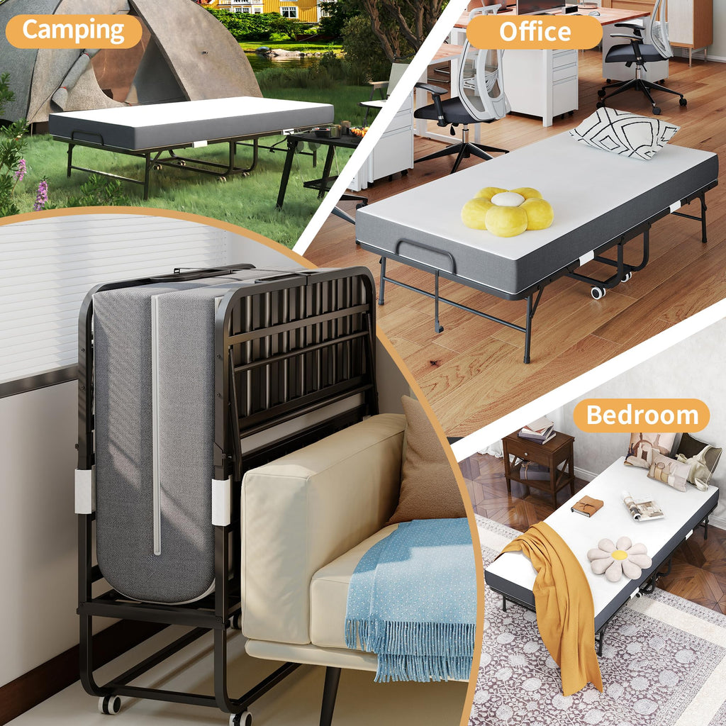 Folding Bed with Mattress, Twin Size, Portable Rollaway Bed on Wheels with Memory Mattress and Metal Frame J388