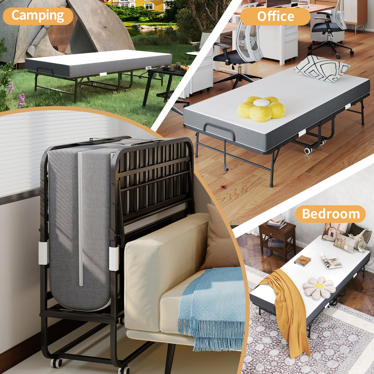 Folding Bed with Mattress, Twin Size, Portable Rollaway Bed on Wheels with Memory Mattress and Metal Frame J388