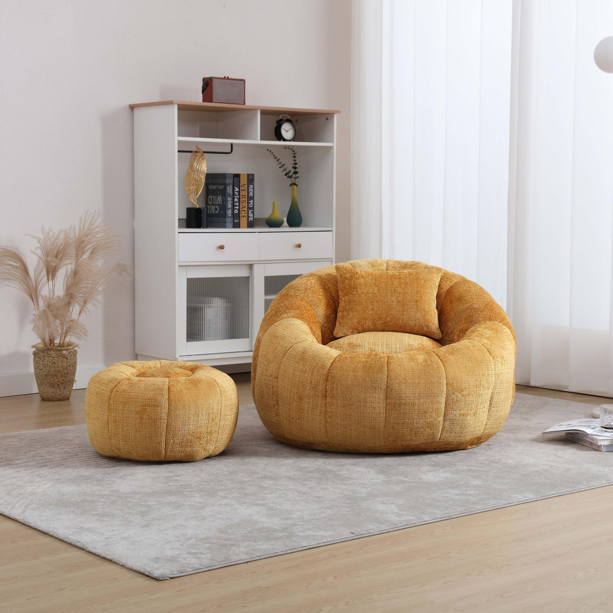 Yellow Memory Foam Bean Bag Chair with Ottoman L72840