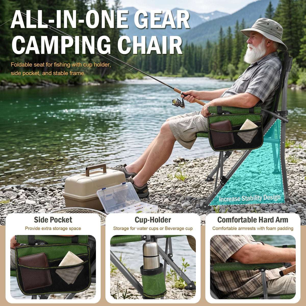 2 Pack Green Folding Camping Chair with Cup Holder and Storage Bag U8434